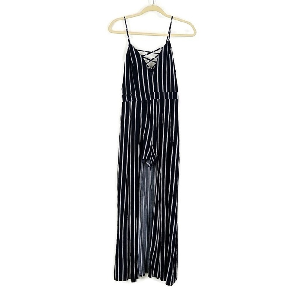Altard State Womens S Romper Shorts w/ Long Skirt Sleeveless Strappy Blue Stripe